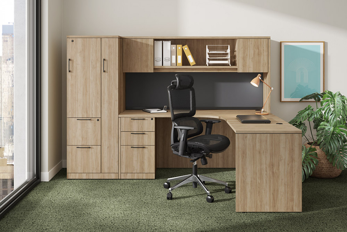 Classic Executive L-Shaped Desk with Hutch, Optional Drawers and Storage Cabinet