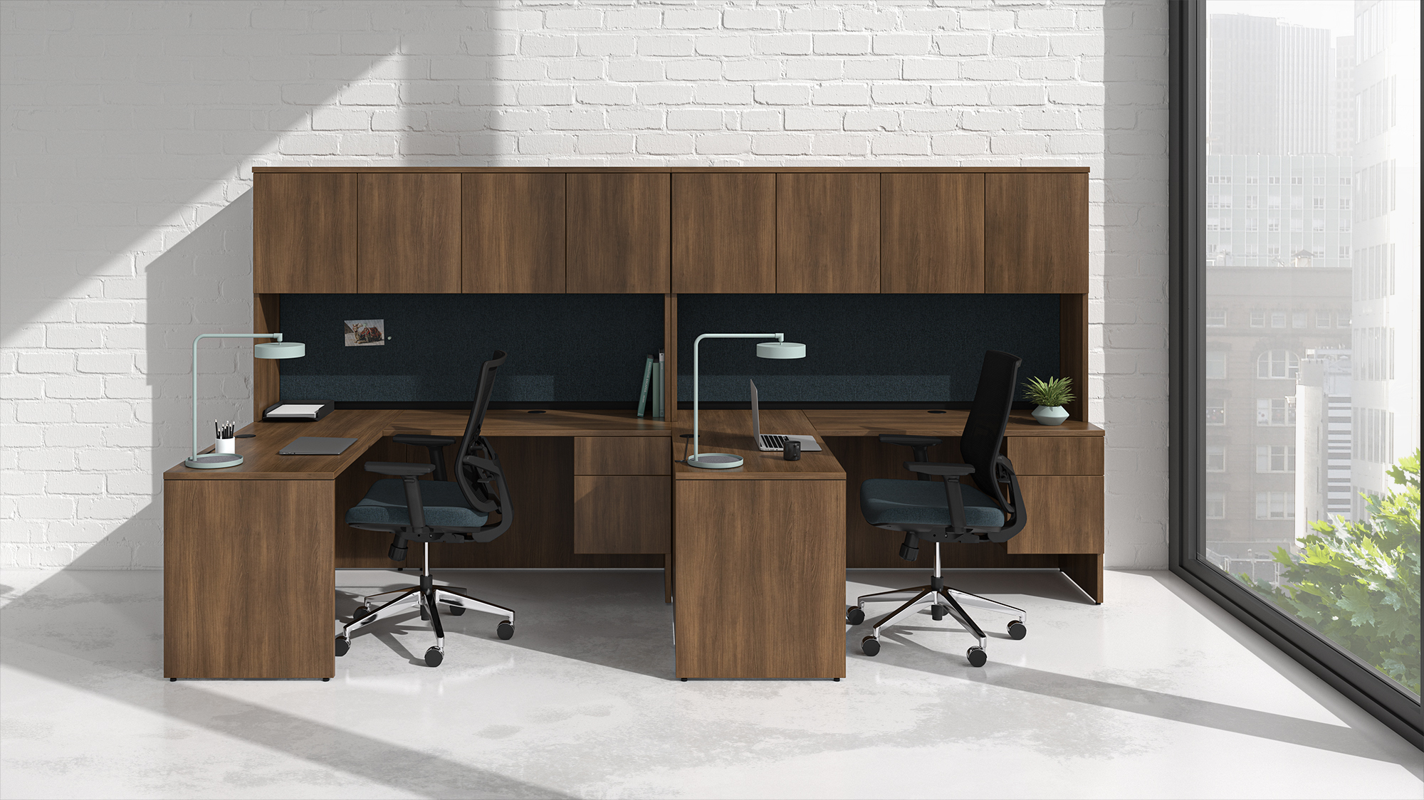 L-Shaped 2 Person Desk with Hutch and Drawers (MOSQSPLAN21) L-Shaped 2 Person Desk with Hutch and Drawers (MOSQSPLAN21)