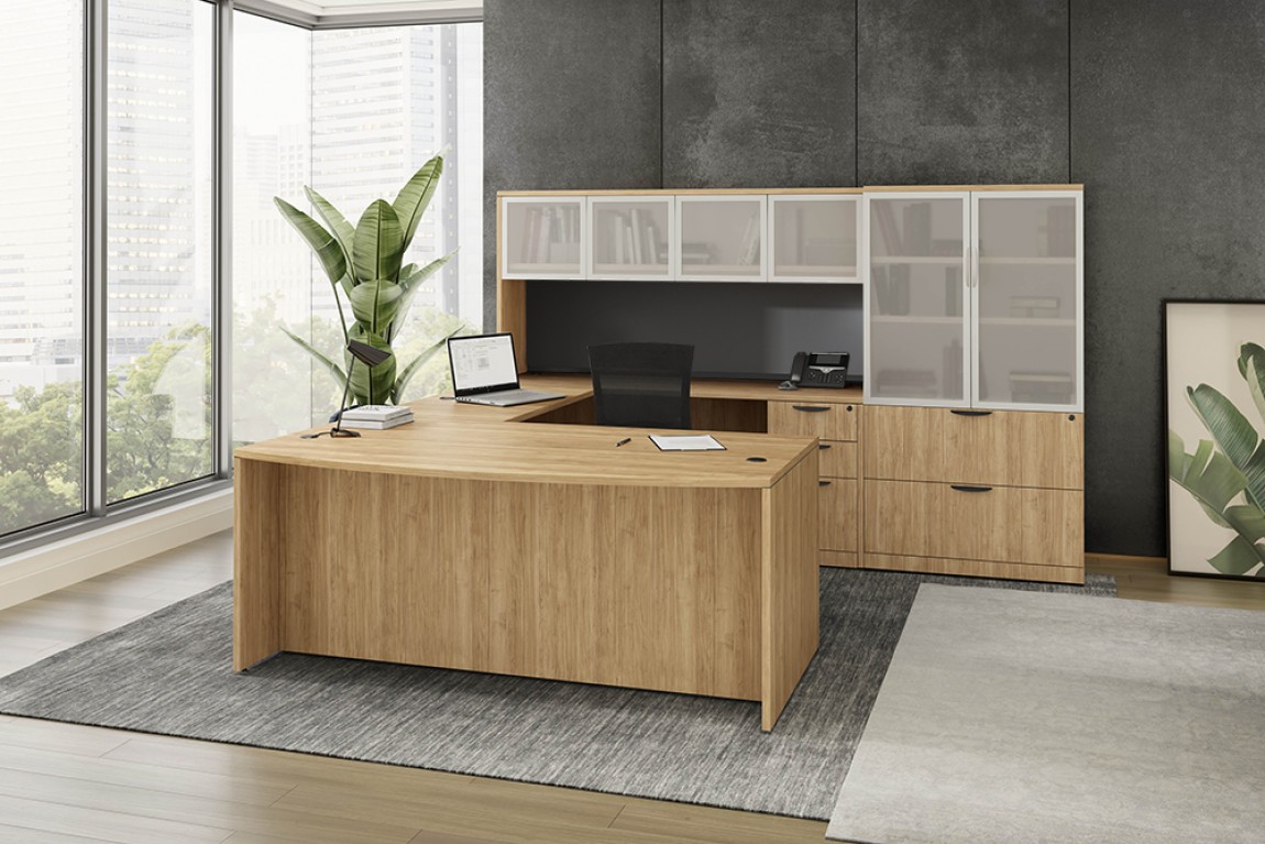 Classic Executive Bow Front U-Shaped Desk with Hutch and Optional Drawers and Storage (MOSSUITEPL89)