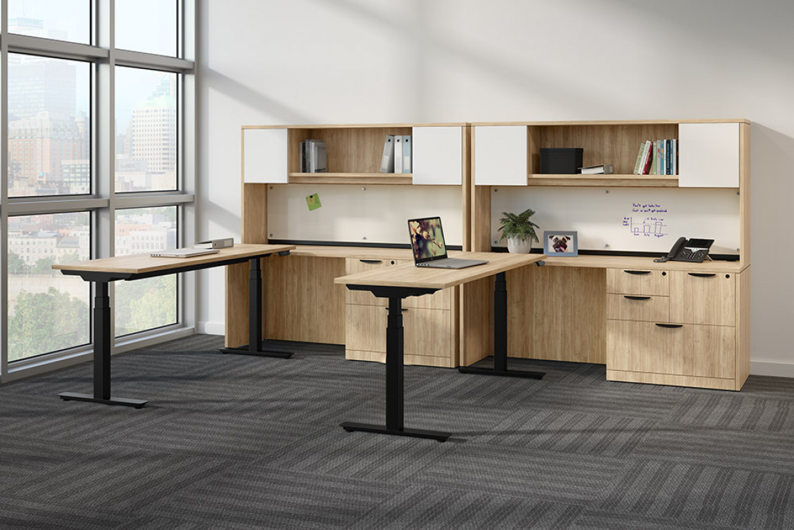 2 Person L-Shaped Height Adjustable Desk with Hutch and Optional Drawers (MOSSUITEPLT1)