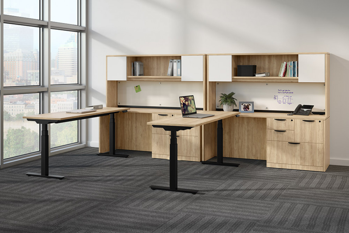 2 Person L-Shaped Height Adjustable Desk with Hutch and Optional Drawers (MOSSUITEPLT1) 2 Person L-Shaped Height Adjustable Desk with Hutch and Optional Drawers (MOSSUITEPLT1)