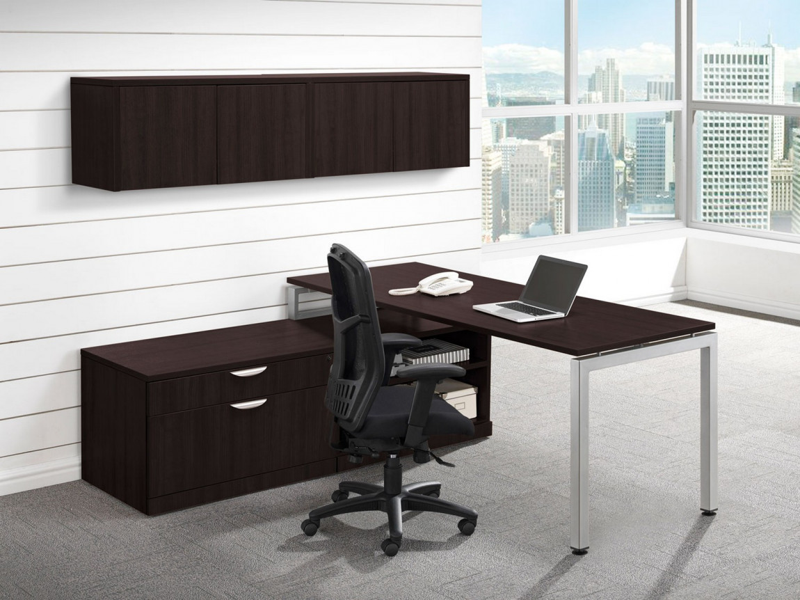 Elements Laminate Modern L-Shaped Desk with Shelves and Overhead Storage (MOSSUITEPLT12)