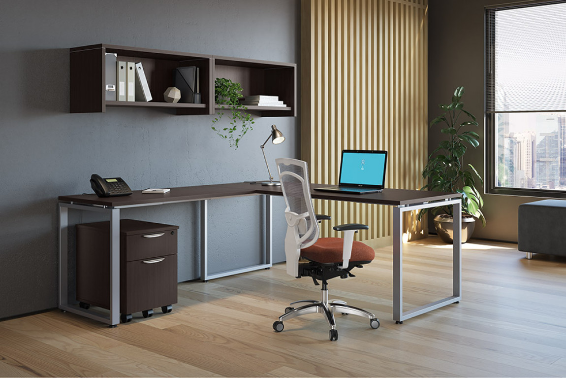 Elements Laminate Contemporary L-Shaped Desk with Hutch and Optional Drawers 