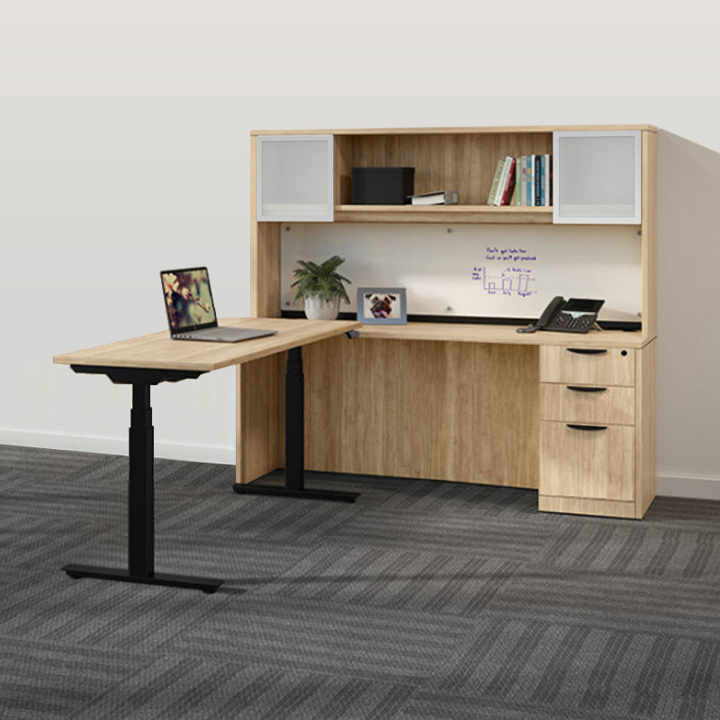 1 Person L-Shaped Height Adjustable Desk with Hutch and Optional Drawers